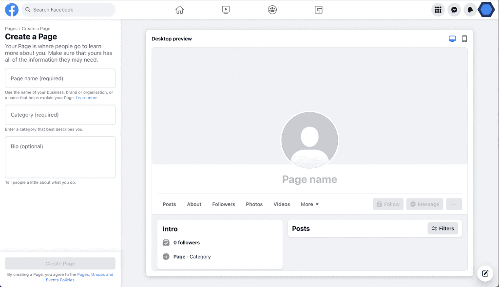 Creating a Facebook page on Meta