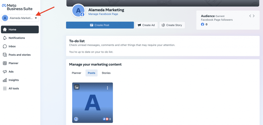 Meta Business Suite with Alameda Page