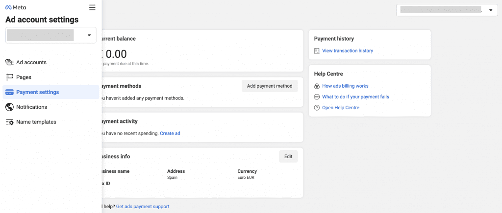 Meta payment settings