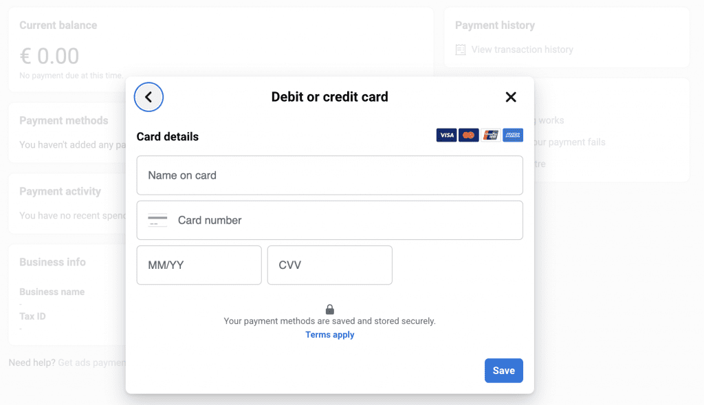 Add card details, meta business suite