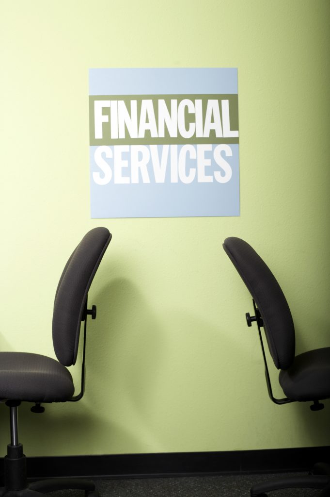 Financial services sign and chairs