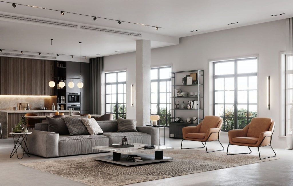 living room with American style and an open kitchen